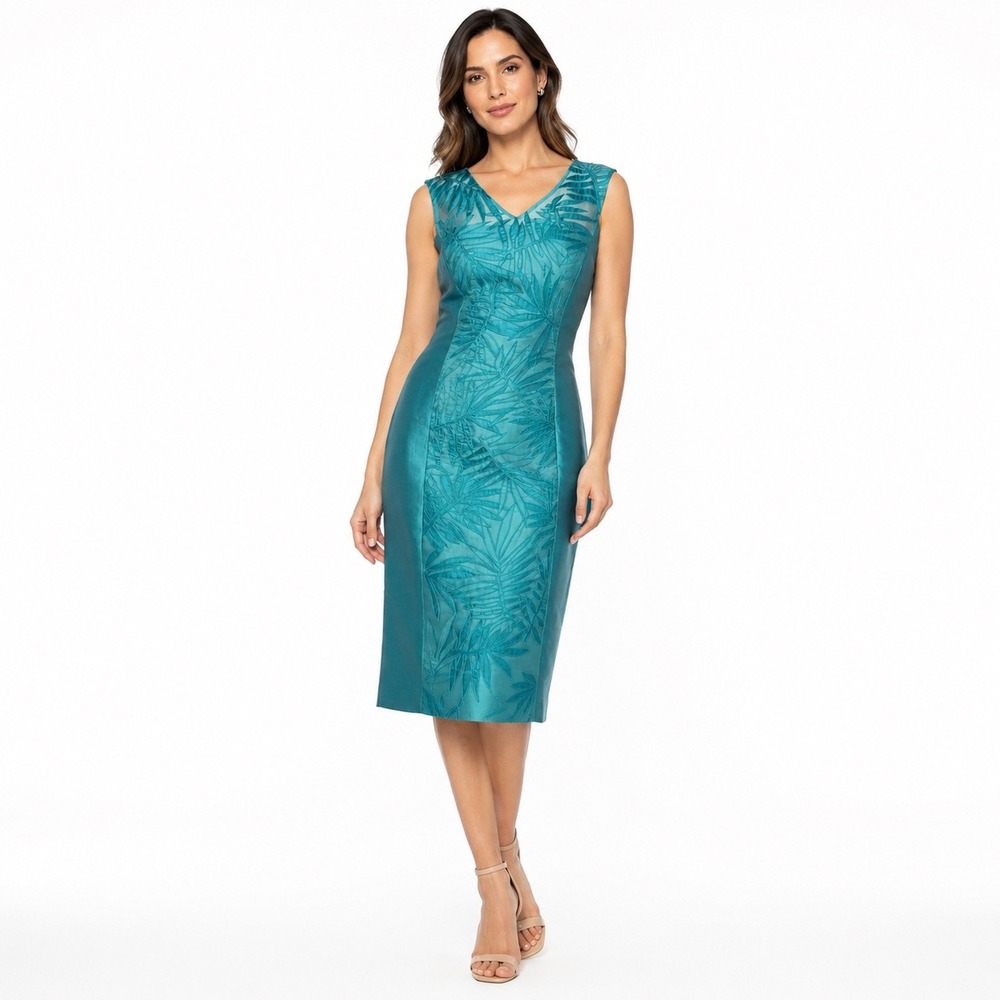 Lafayette 148 New York Sheath Dress Women 10 Teal Embroidered Palm Leaf Cocktail